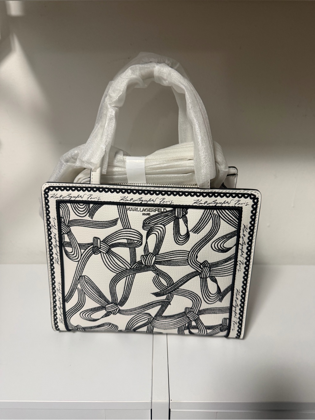 Karl Lagerfeld Black & White Ribbon Print Tote